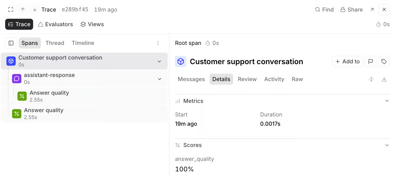Braintrust trace view with nested spans and answer quality scores